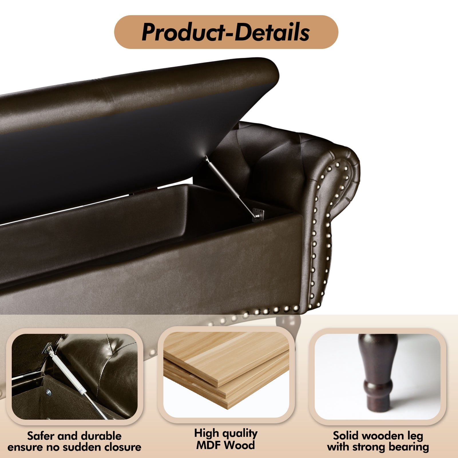 zzw 53" Upholstered Storage Ottoman Bench with Safety Hinge Lid and Tufted Fabric