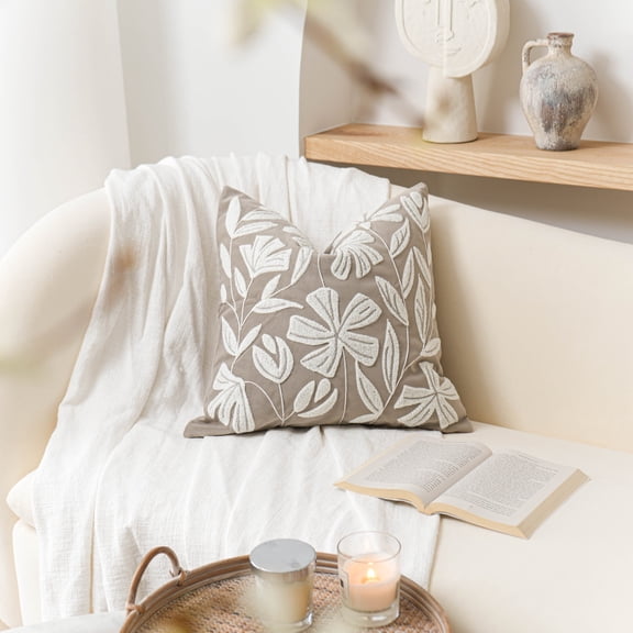 BlissBlush Taupe Velvet Decorative Throw Pillow Cover 20X20, Neutral Brown Flower Tufted Soft Farmhouse Textured Pillowcase, Accent Pillowcase for Couch Sofa Bed Living Room