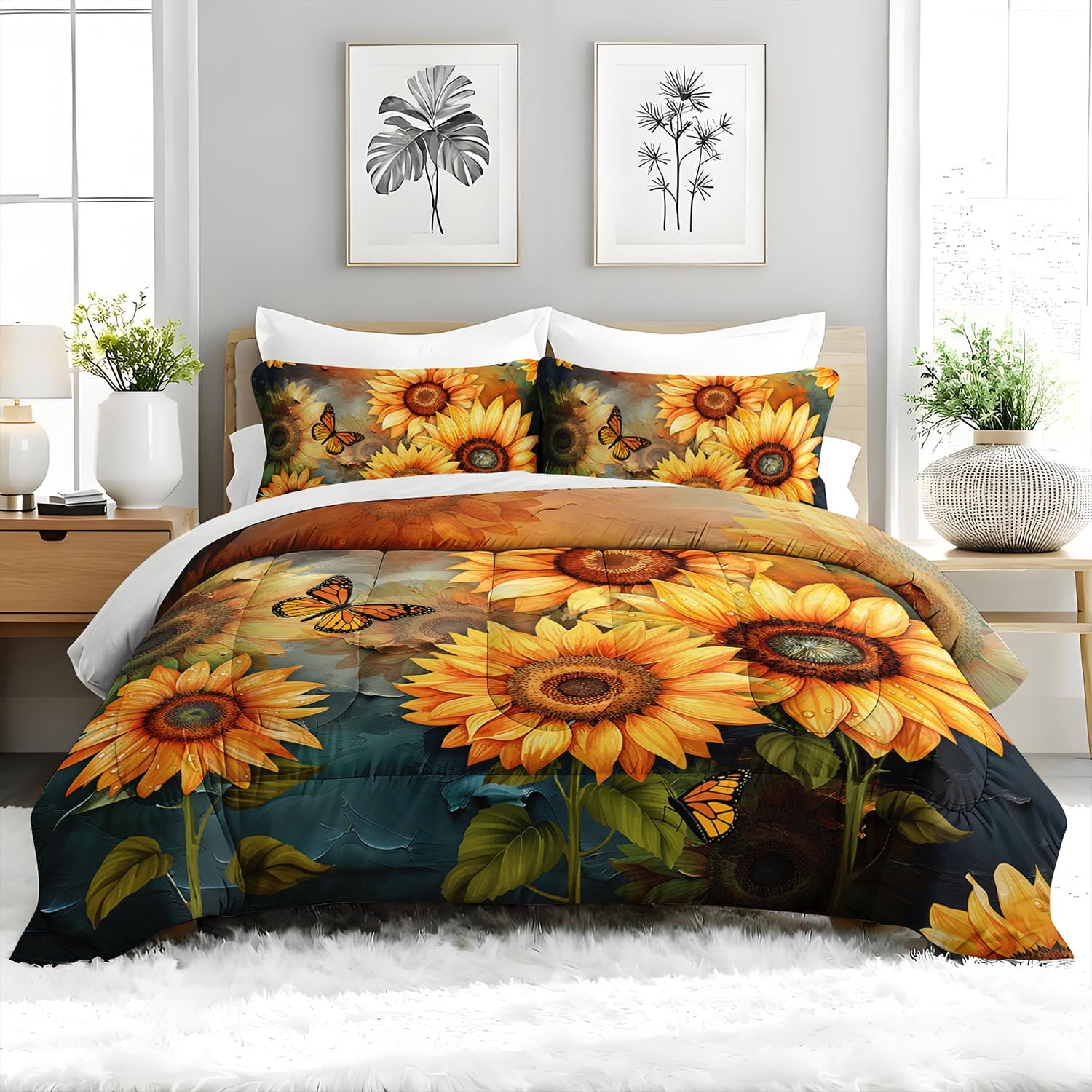 3pcs Sunflower Butterfly Comforter Set, Rustic Bedding Set for Bedroom or Guest Room Decor, All Seasons Quilt Machine Washable Duvet with 2 Pillowcases