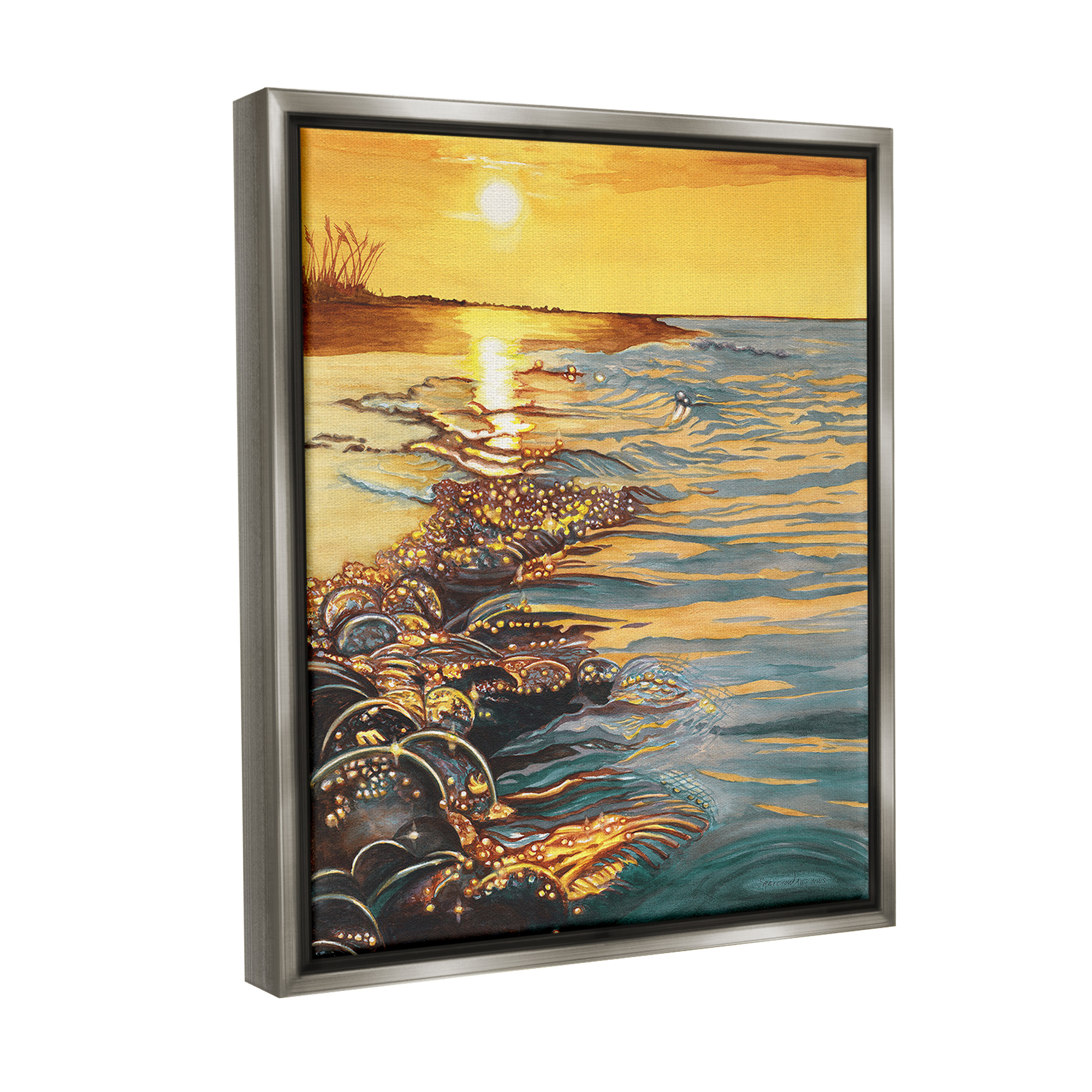 Stupell Industries Sunset over Beach Ripples Landscape Painting Gray Floater Framed Canvas Art Print Wall Art, 17 x 21