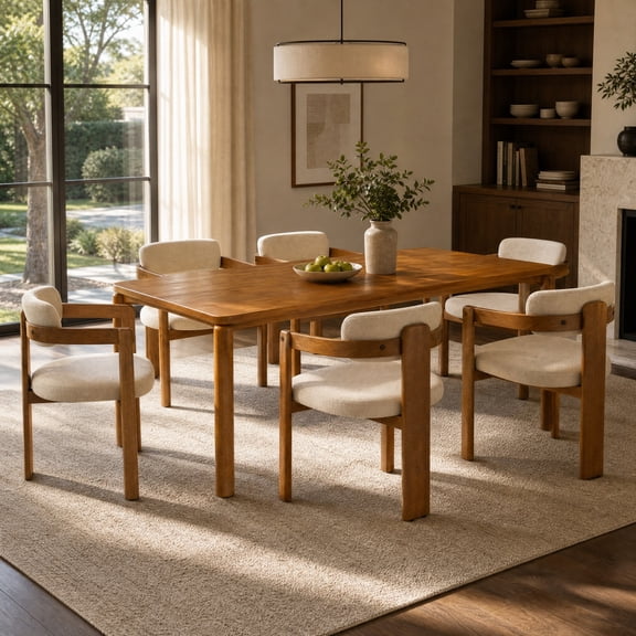 Christopher Knight Home 7-Piece Dining Set with 70" Wood Table and 6 Upholstered Chairs, Walnut Beige