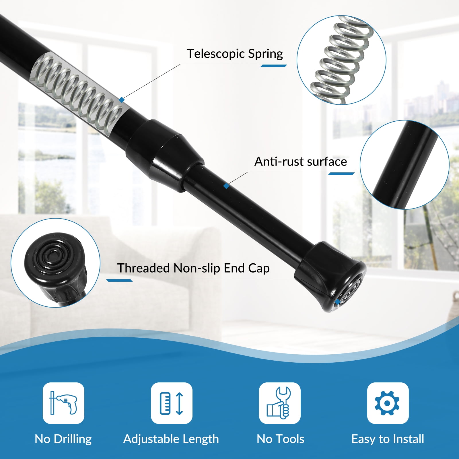 BEAMNOVA 6Pcs Tension Curtain Rod for Windows Cabinet Wardrobe Closet 28"-48" Adjustable, 1/2" Diameter, Black