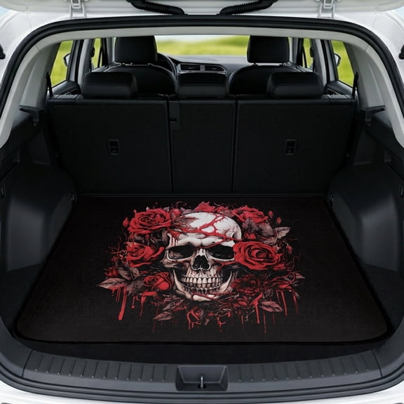 Jeiento Drip Red Rose Skull Car Trunk Mat Thick Non Slip Cargo Liner Stain Resistant All Weather Rear Cargo Pad Fit Sedan SUV Hatchback Vehicles