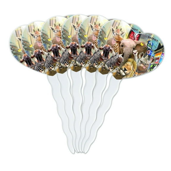 Times Square New York Selfie Elephant Giraffe Lion Zebra Heart Love Cupcake Picks Toppers Decoration Set of 6