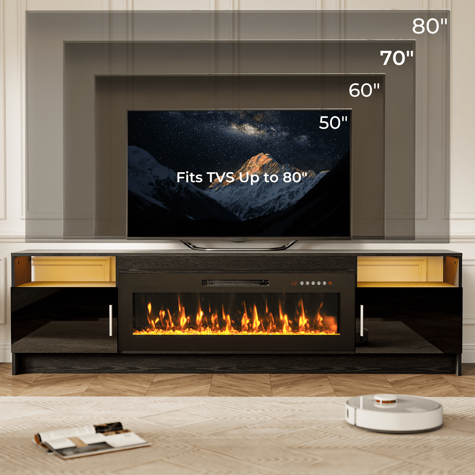 Flictozena 80" TV Stand with Fireplace and LED Lights - Entertainment Center for 90 inch TVs, Modern TV Cabinet with High-Gloss Storage Doors for Living Room