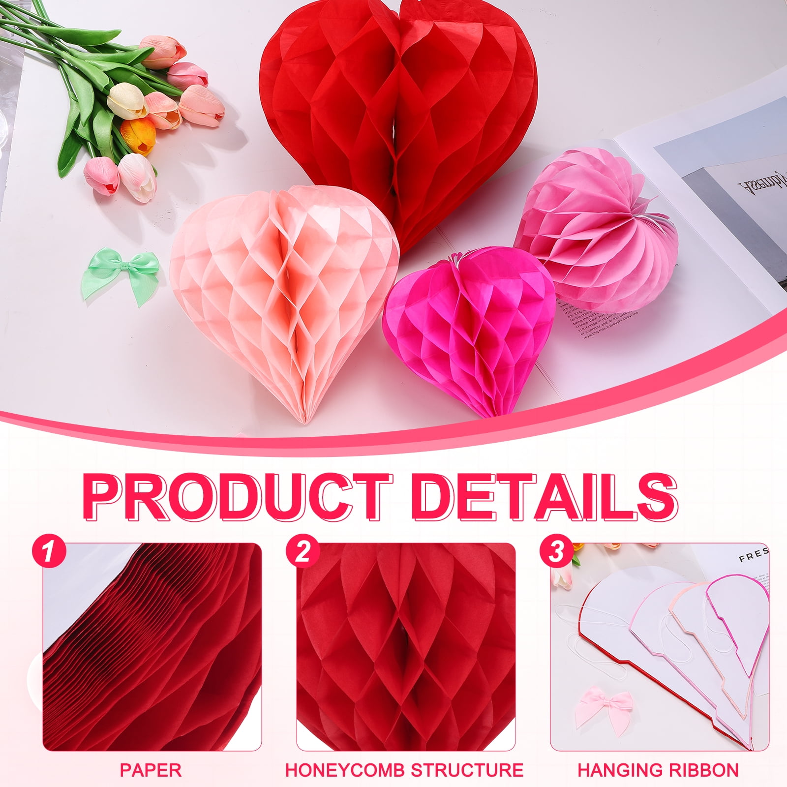 Uxcell 8 Pcs Honeycombs Balls, 8/10" Heart Shaped Honeycombs Paper Pom Poms with Paper Clip Home Hanging Decorations for DIY Crafting Valentines Christmas Wedding Birthday Party, Red