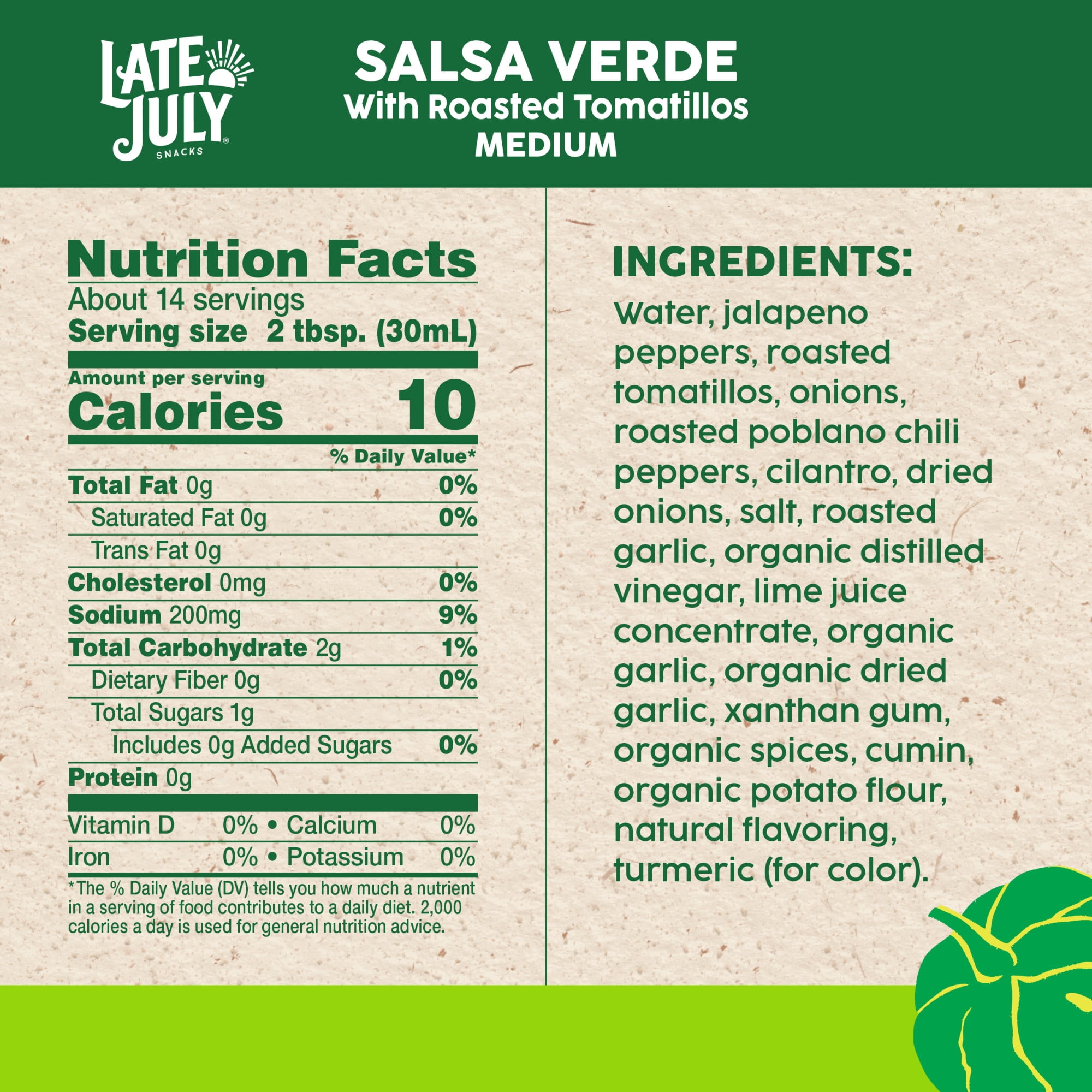 (3 pack) Late July Snacks Salsa Verde with Roasted Tomatillos, Medium, 15.5 oz Jar