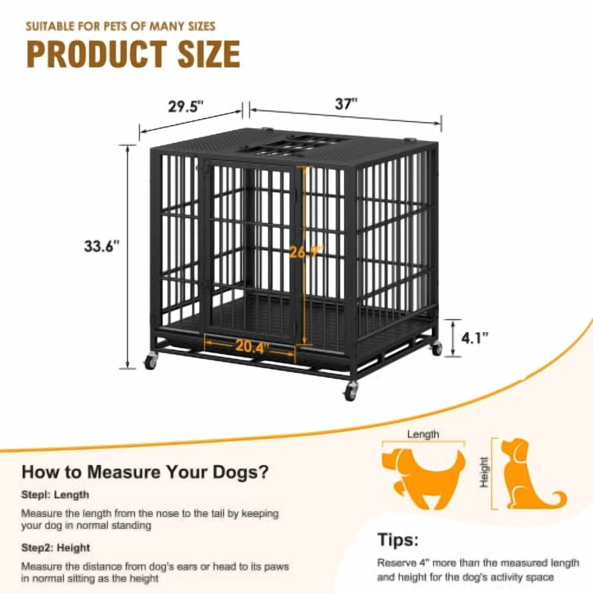 37" Heavy Duty Mobile Dog Crate with Lockable Wheels & Rotary Twist-Latch, Indoor/Outdoor Metal Pet Kennel with Perforated Top