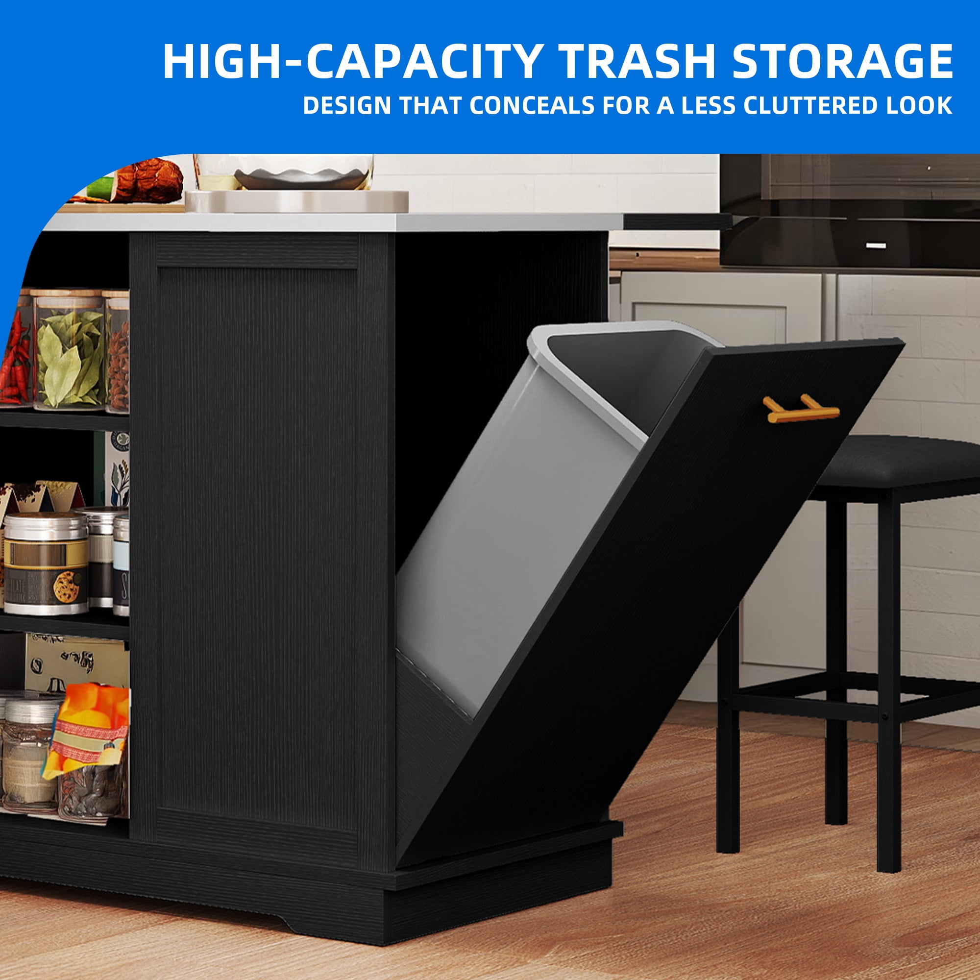 DEXTRUS Kitchen Island Table with Stools & Trash Storage, Kitchen Island with Drop Leaf, Black