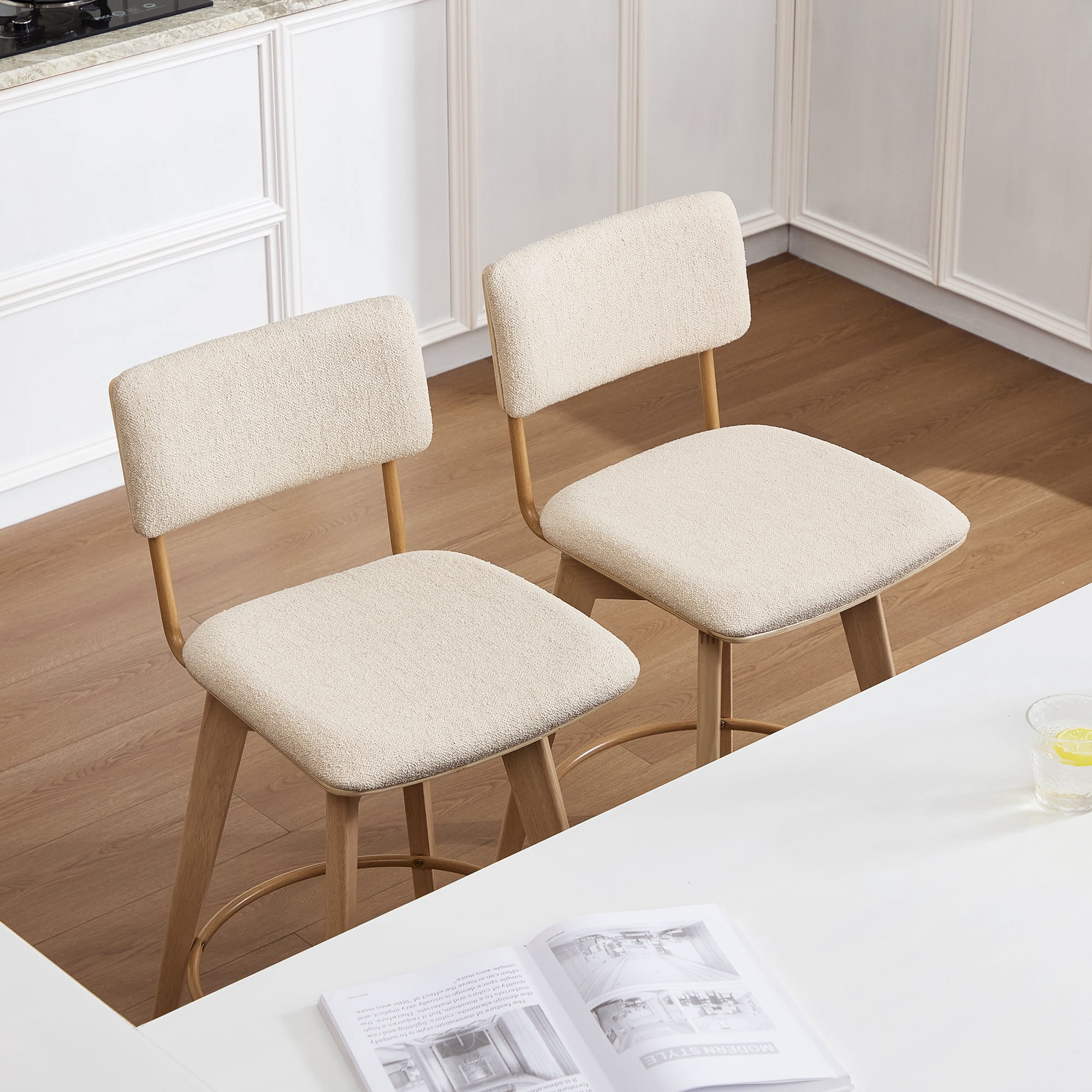 Zesthouse Swivel Counter Height Bar Stools Set of 2, 26" Upholstered Linen Barstools with Back and Solid Wood Legs, Mid Century Modern Bar Chairs, Island Stool for Kitchen Counter, Beige