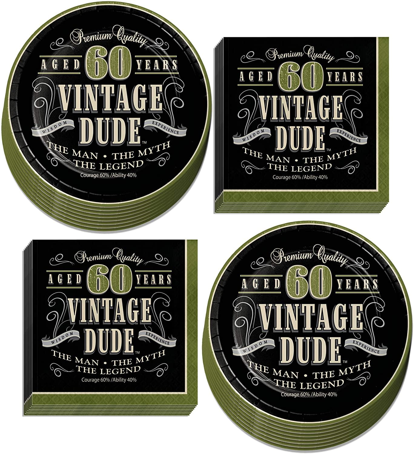 Old Man Vintage Dude Party Supplies -60th Milestone Dessert Plates and Napkins (Serves 16)