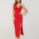 thumbnail image 1 of Puntoco Vestidos Mujer Verano Moda Mujer Color Sólido Abertura Lateral Tejido Elástico V-Cuello Tirante Vestido, 1 of 6