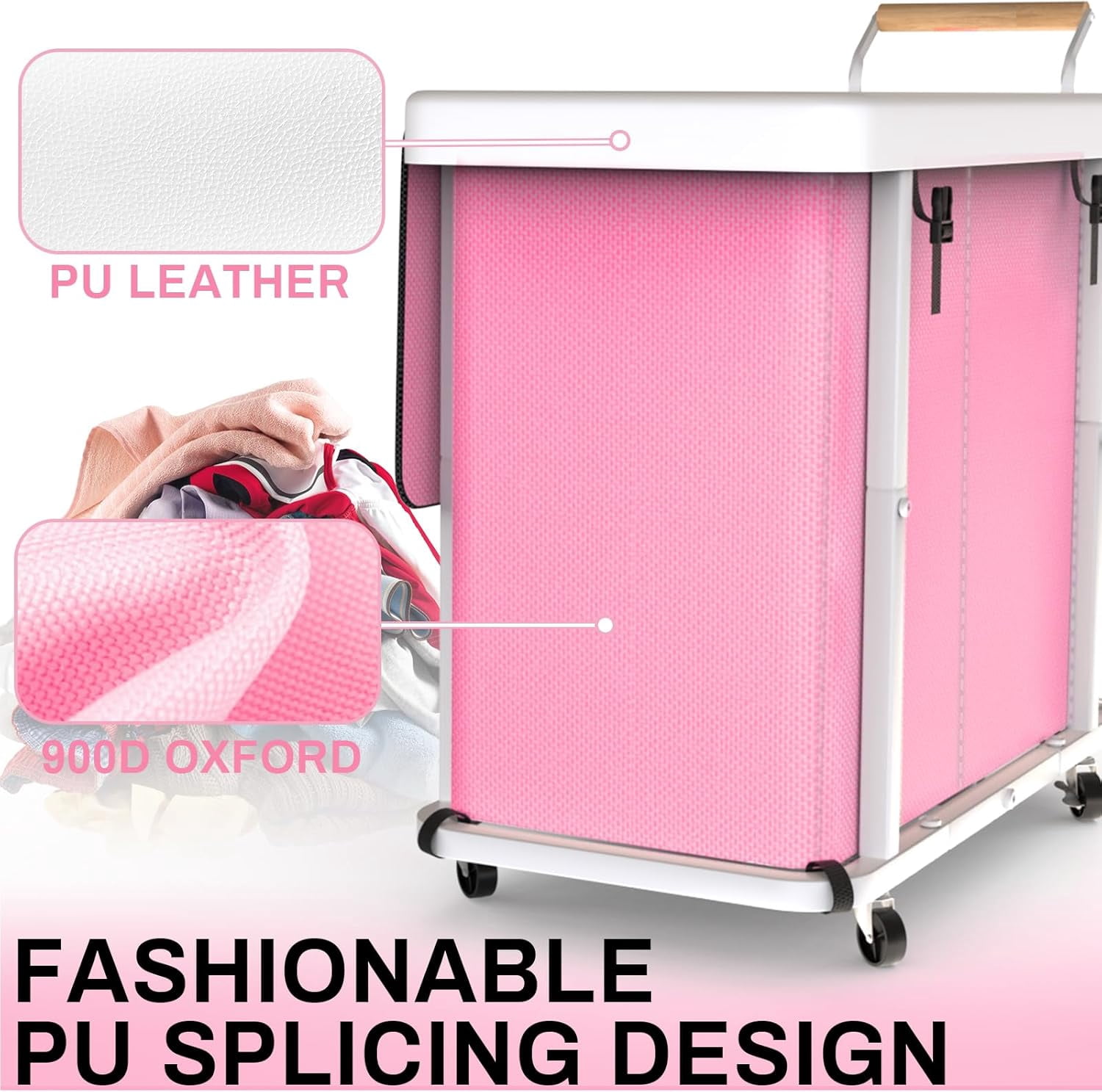 230L (60 Gal) Extra Large Fashion Laundry Sorter 3 Section with Lid, Rolling Laundry Basket Hamper with Handle, Laundry Organizer Storage Cart with Sturdy Metal Frame for Laundry Room, Hotel, Pink