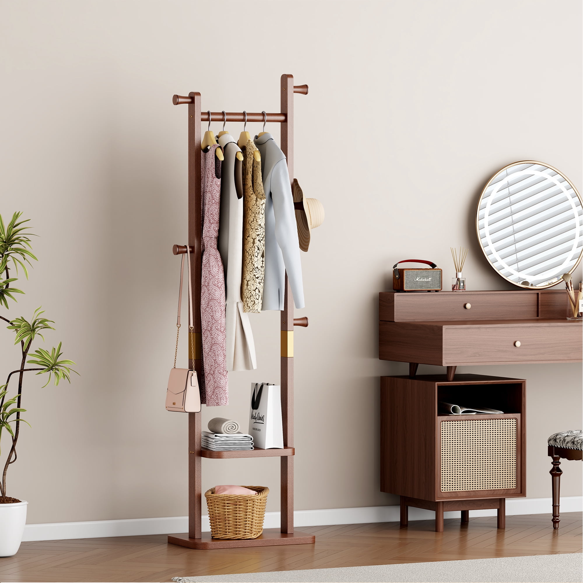GARITIN Coat Rack and Hall Tree 23.6 Inch, Solid Wood Freestanding Coat Stand with Hooks for Entryway Living Room Bedroom, Walnut