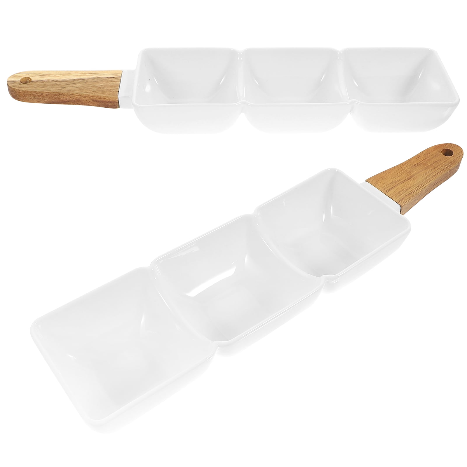 Raindrops 2-Piece Three-Compartment Serving Bowl with Wooden Handle for Seasoning and Condiments