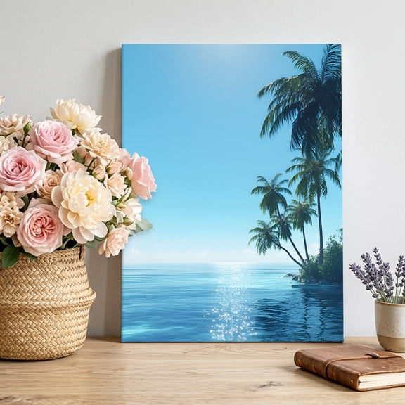 Canvas Wall Art Summer Ocean Canvas Art Print Seascape Green Coastal Tropical Pain Trees Pictures Wall Decor for Living Room Bedroom Artwork Decorations Stretched Framed Ready to Hang 24"x36"