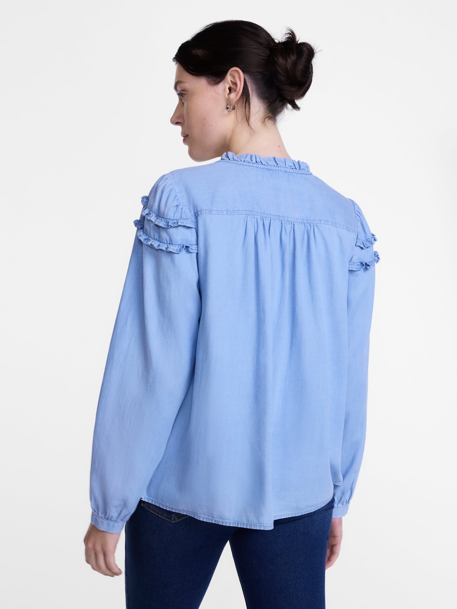Scenario Women's and Women's Plus Ruffle Shoulder Top with Long Sleeves, Size XS-4X