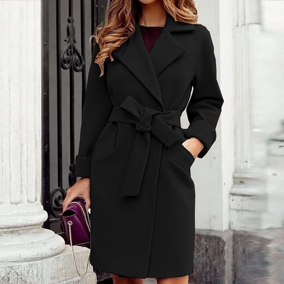 EGNMCR Women's Trench Coats Notch Lapel Belt Wool Mid Long Jacket Overcoat Solid Color Winter Coats for Women
