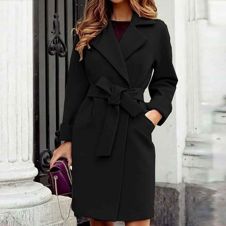 Hfyihgf Long Pea Coat for Women Dressy Trendy Ladies Dress Jacket with  Waist Belt Winter Fall Long Sleeve Notch Lapel Trench Coats(Black,L) 