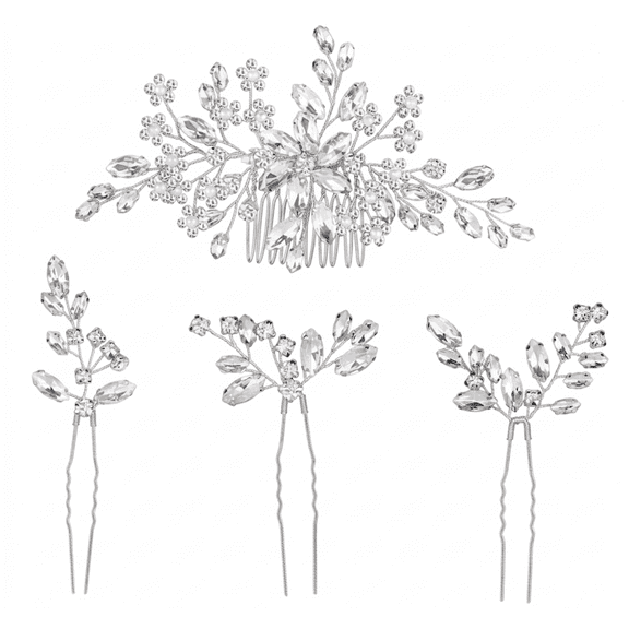 4 Pcs Bridal Wedding Hairs Comb Set, Silver Crystal Rhinestone Alloy Floral Design Hair Accessories for Women, U shaped Hairpins, Elegant European Wedding Prom Hair Jewelry