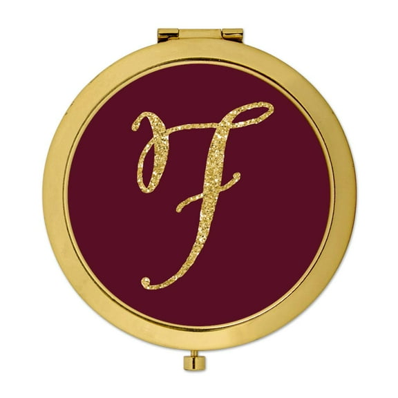 Koyal Wholesale Gold Compact Mirror Bridesmaid's Wedding Gift, Burgundy Maroon Jewel Tone , Monogram Letter F, 1-Pack