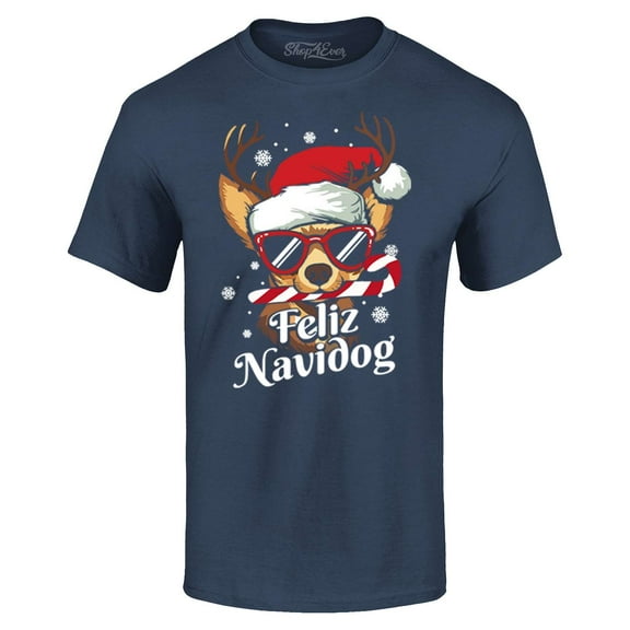 Shop4Ever Men's Feliz Navidog Navidad Dog Santa Chihuahua Graphic T-shirt XXXXX-Large Navy
