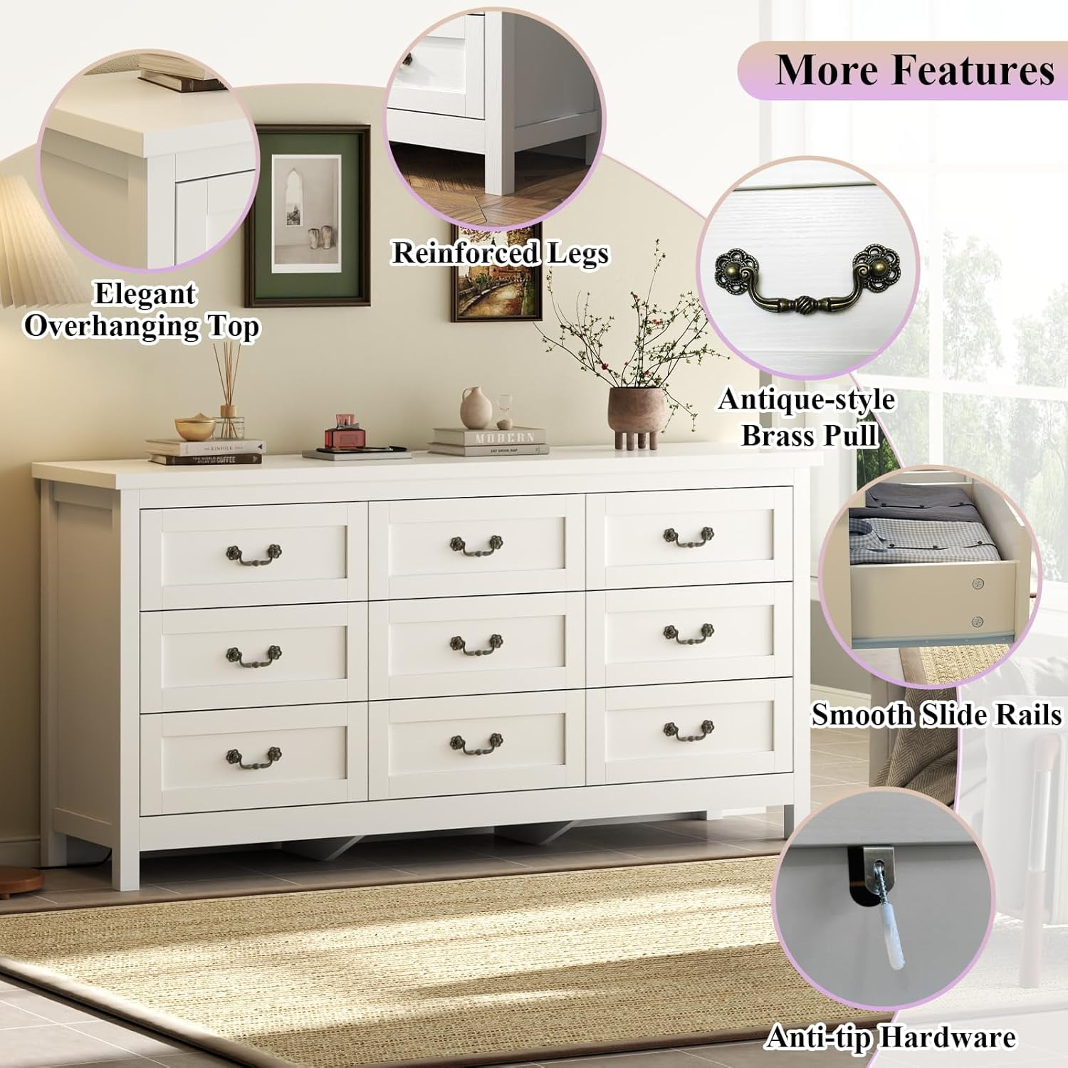 9-Drawer Triple Dresser for Bedroom, 63" TV Stand for TVs up to 75", Wide Chest of Drawers, Large Storage Long Dresser Organizer with Vintage Pull, White – STIKELY