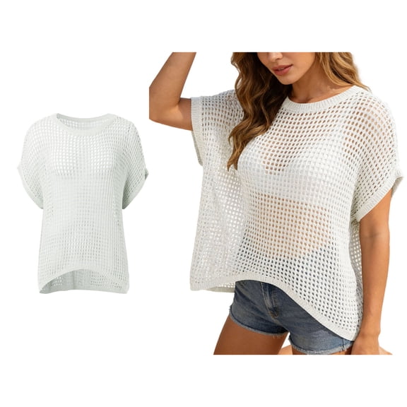 Womens Swimsuit Cover Up Short Sleeve Crochet Swimsuit Cover Up Mesh Knit Loose Top Summer Outfit Women Beach Cover Up