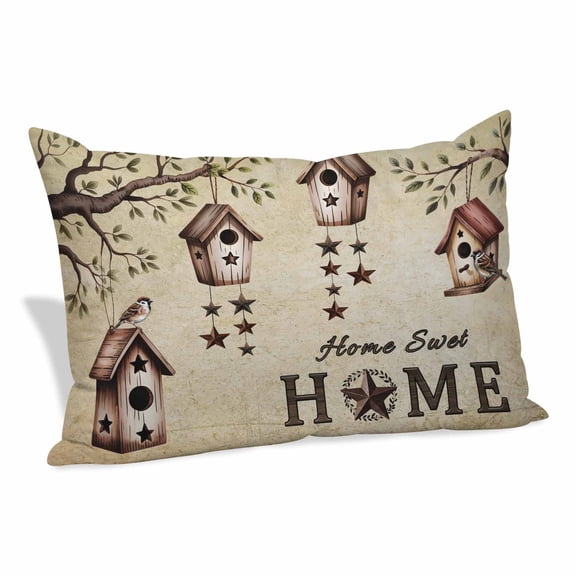 Sweet Home Pillow Covers, Linen Long Throw Pillow Case, Western Stars Bird Houses Country Vintage Holiday Pillow Protector Decorative Cushion Cover for Living Room/Bedroom 12" x 20"