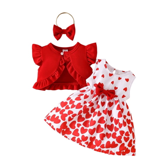 Gubotare Baby Girl Fall Dress Outfit Girl's 3 Piece Outfits Print Ruffle Sleeveless Dress and Long/Short Sleeve Cardigan Tops Sets Size 2T 3T (Red,2-3 Years)