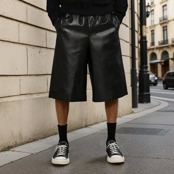 Mens PU Leather Wide Leg Shorts Mid Length Black Summer Casual Lightweight Breathable Trendy Comfort Versatile Mens Shorts