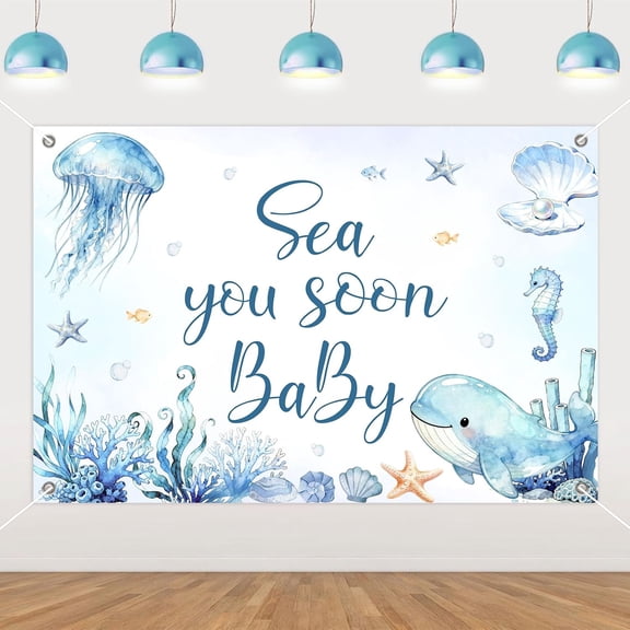 7x5FT Sea You Soon Baby Shower Backdrop Under The Sea Baby Shower Photography Background Blue Ocean Animals Welcome Party Decorations Banner Supplies Photo Booth Props