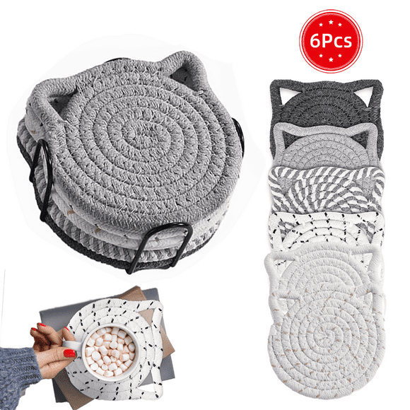 Juego de Posavasos con Orejas de Gato, Posavasos de Algodón Tejido a Mano para Gatos, Posavasos Absorbente Antideslizante para Bebidas, 6 Pzas con Soporte