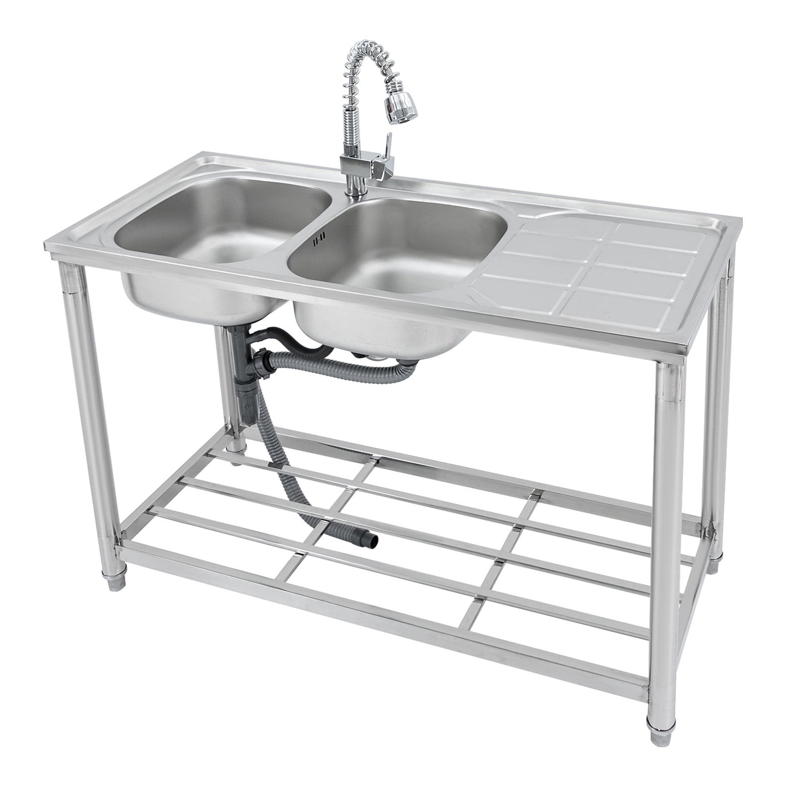 TFCFL Double Bowls Utility Sink Commercial Stainless Steel Kitchen Sink Prep Table with Pull-out Faucet & Bottom Shelf