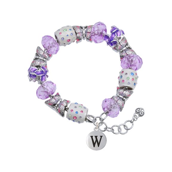 Delight Jewelry Silvertone Capital Letter - W - Pebble Disc - Purple Butterfly Bead Charm Bracelet, 7" 1" Extender