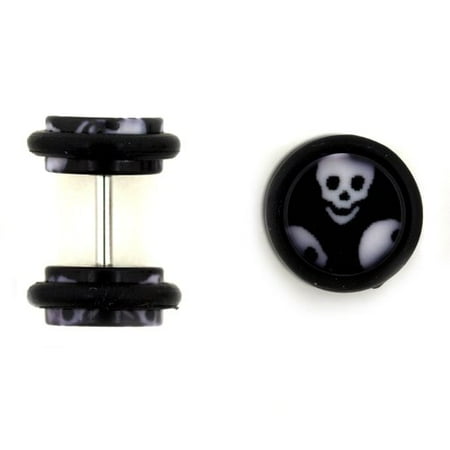 Hot Silver 16G Acrylic Black Skull Faux Plug Earrings