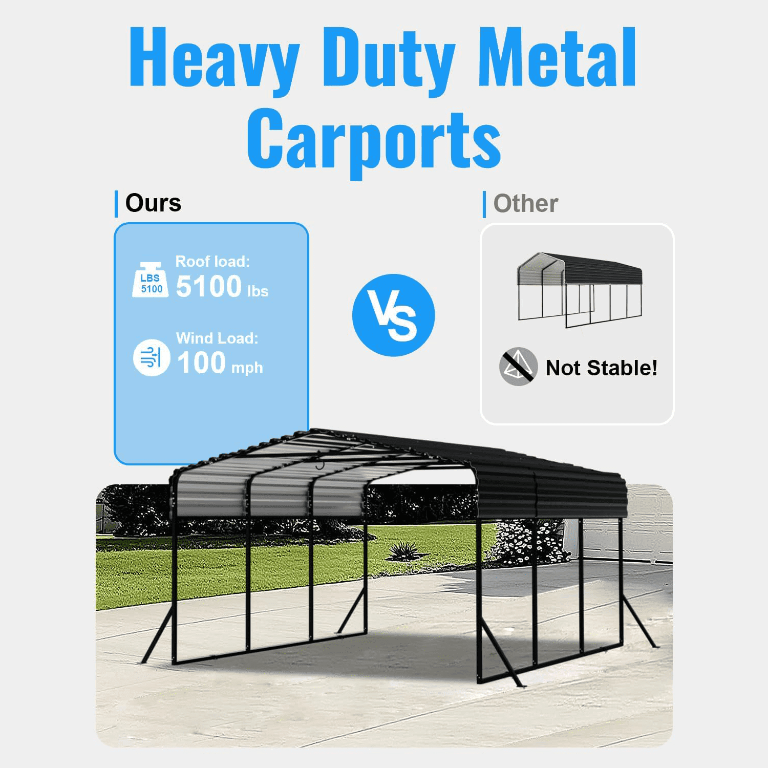 10x15ft Heavy-Duty Metal Carport, Reinforced Iron Frame All-Weather Canopy, Windproof UV-Resistant Shelter for Cars/Trucks/Boats, Easy Assembly for Backyard/Driveway | WUKHG