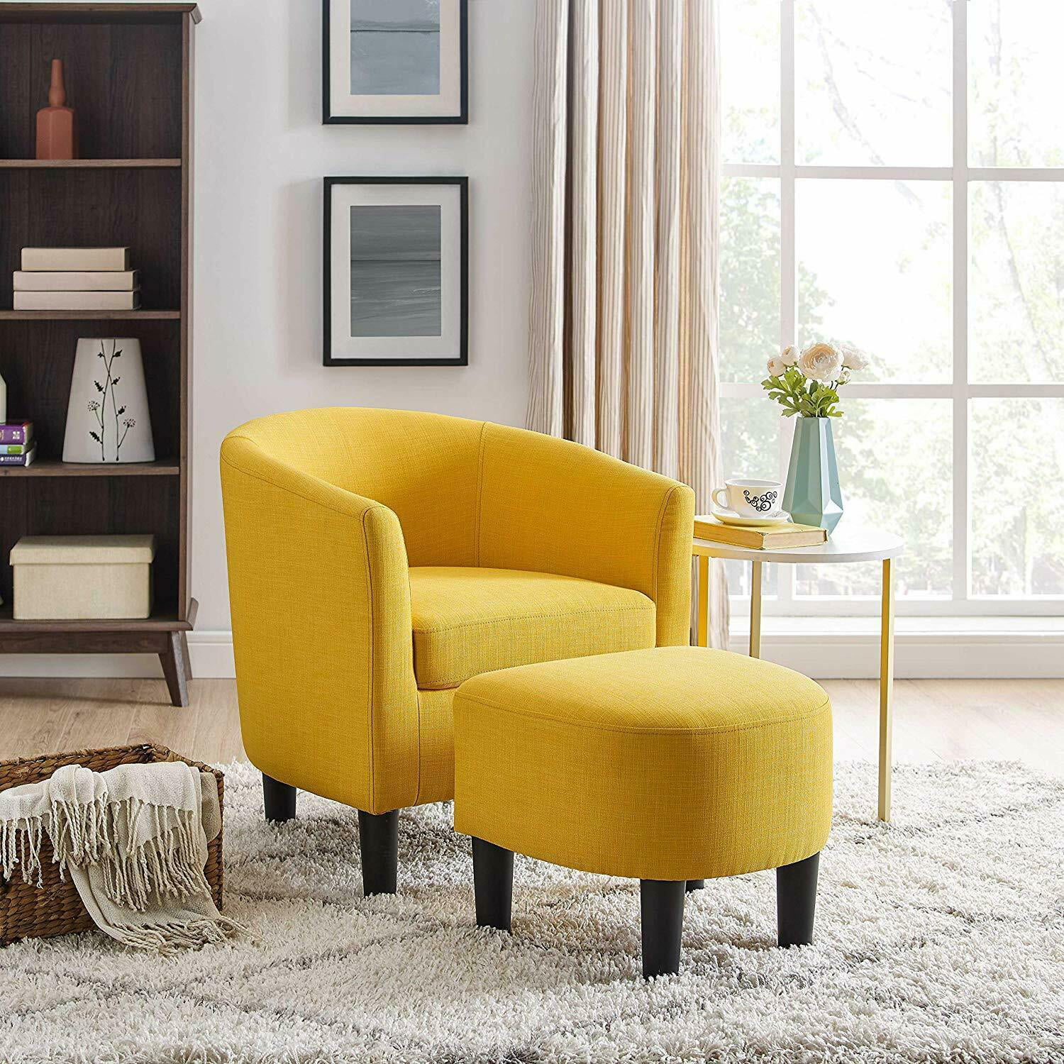 Modern Accent Arm Chair Upholstered Chair Fabric Single Sofa + Ottoman
