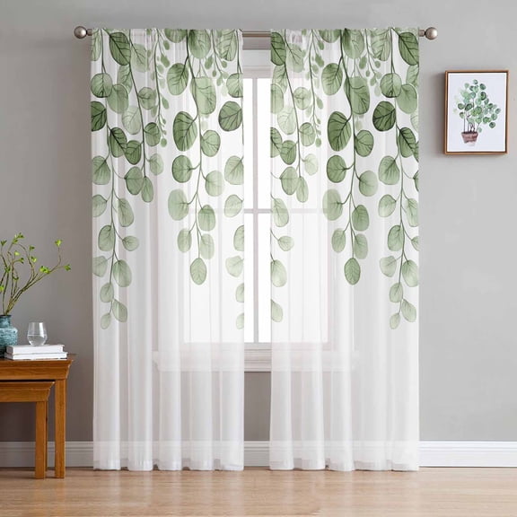 Sage Green Eucalyptus Leaves Sheer Curtains 63 Inch Length 2 Panels Set for Living Room/Bedroom, Spring Country Botanical Curtain Sheers Drapes Rod Pocket Curtains Window Treatment Set 52''x63''x2