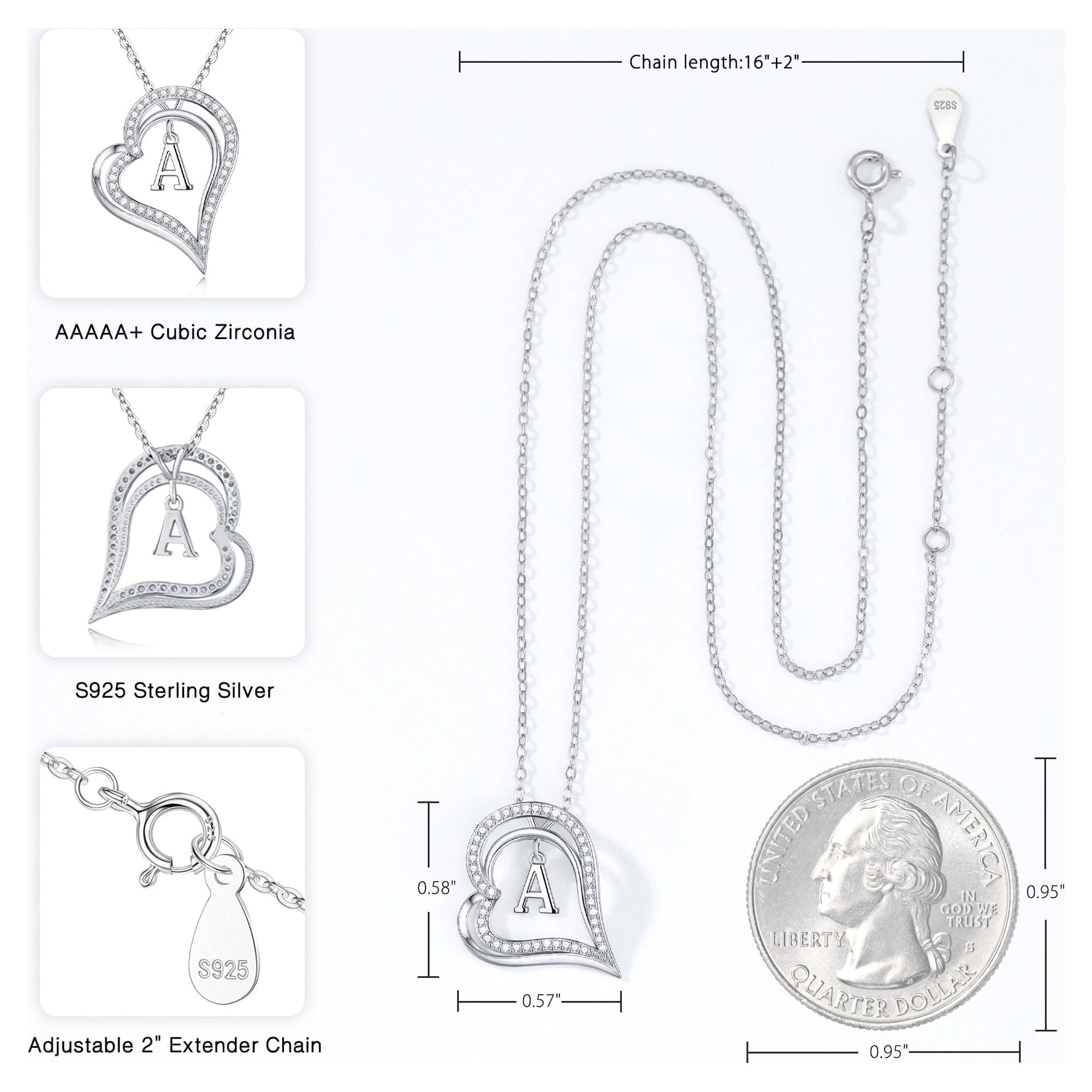 Valentines Day Gifts， S925 Sterling Silver Love Heart Pendant for