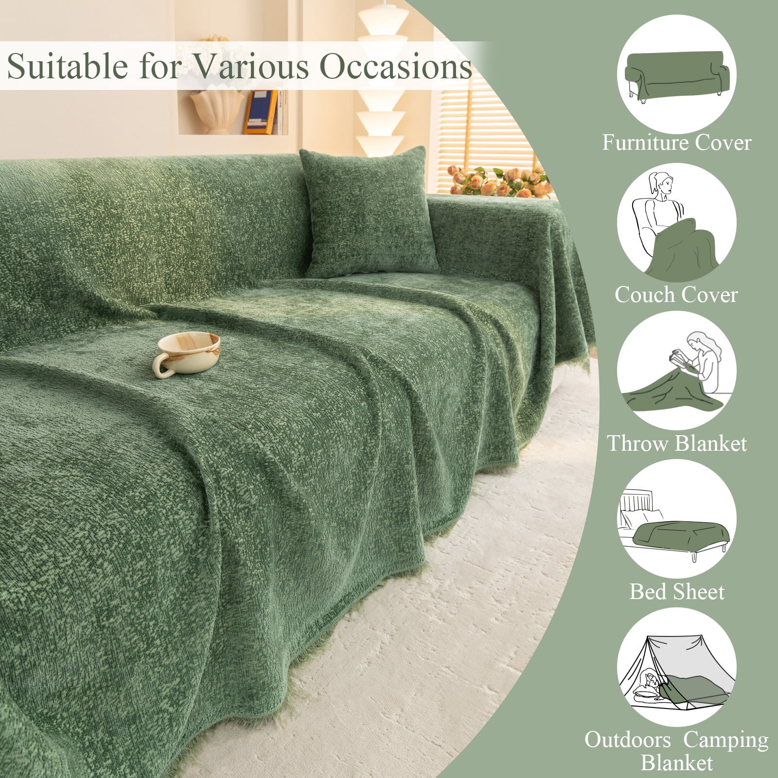 ANMINY Ultra Soft Chenille Couch Cover with Tassels, Machine Washable Multi - Use Sofa Blanket Cover