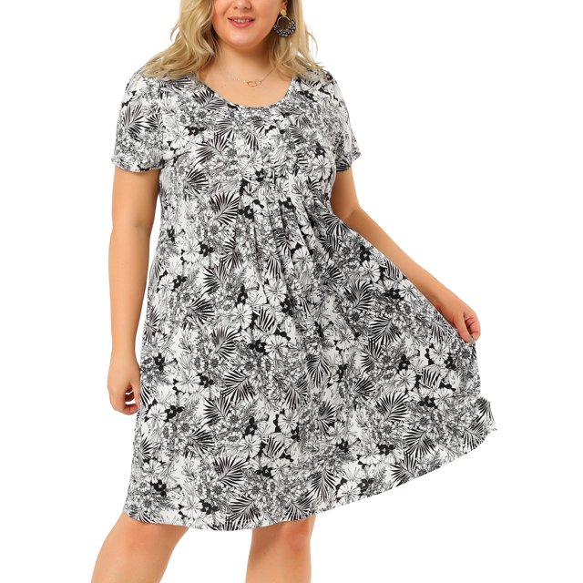 Women's Plus Size Dress Short Sleeve Inverted Box Pleat Floral Dresses Black 1X