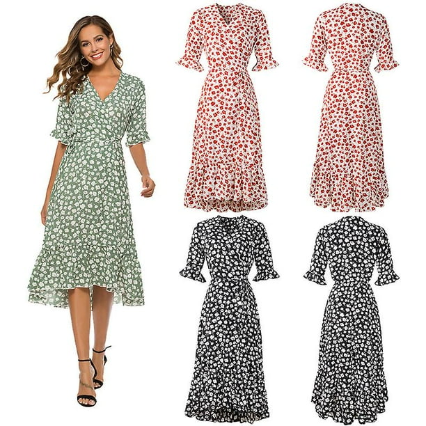Women Summer Dress Half sleeve Splits Dress V neck Fairy Dress Floral Design For 2022 NewLight Blue2XL Walmart en linea