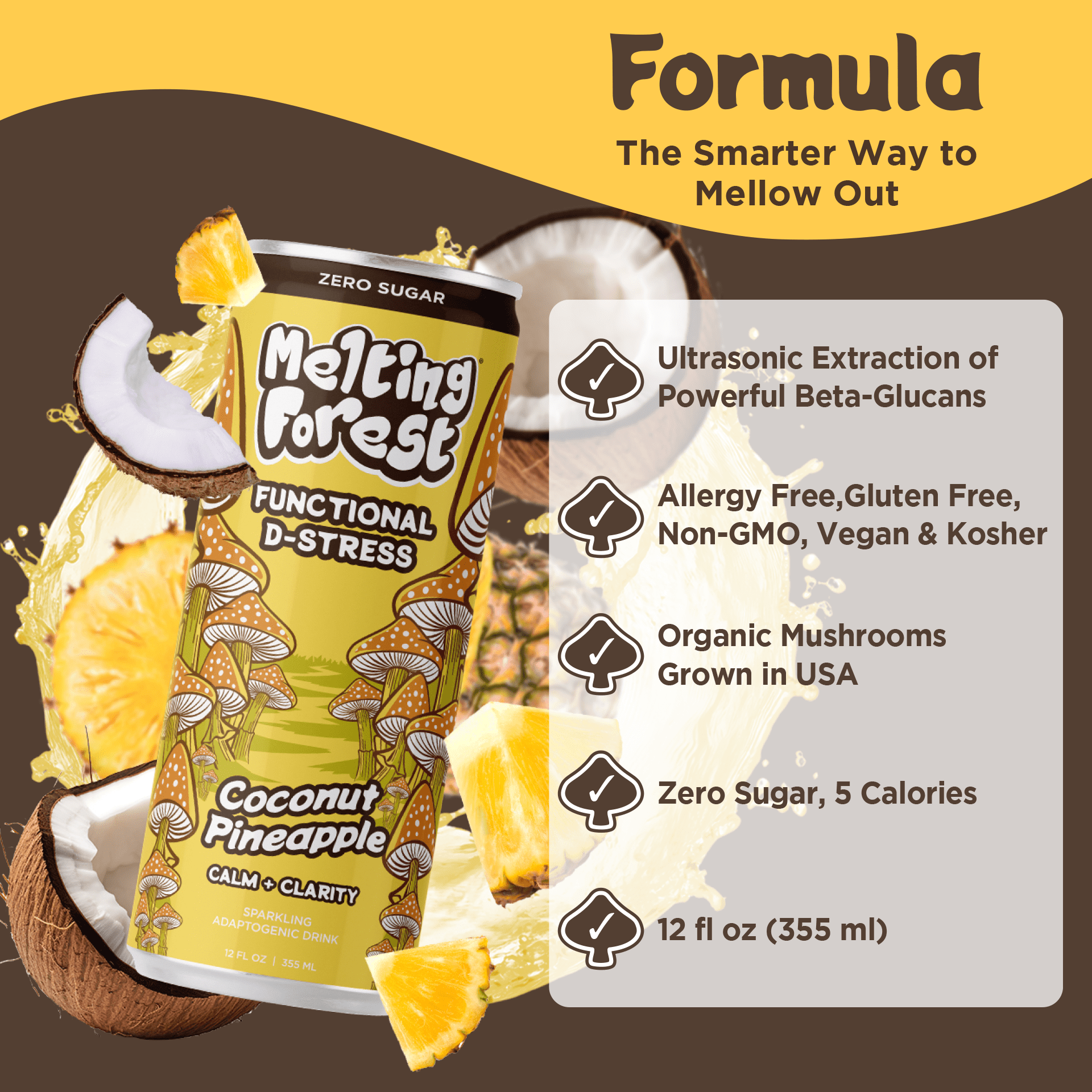 Melting Forest D-Stress Drink Coconut Pineapple Mushroom-Infused Seltzer 5 Calories Zero Sugar 12-Pack 12 fl oz