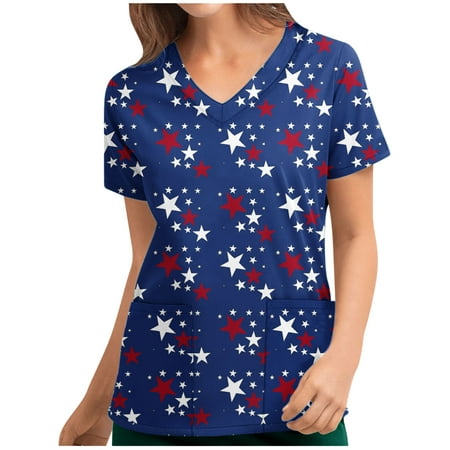 

Cotonie Women Nursing Working Uniform American Flag Shirts July 4th Independence Day Scrub Tops USA Flag Printing T-Shirt V Neck Nursing Short Sleeve Tee Shirt