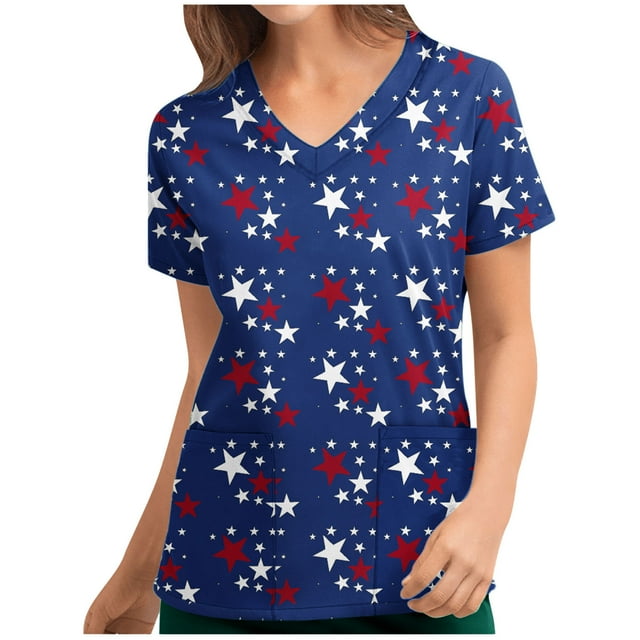 TIMIFIS Womens Scrub Tops Independence Day Summer American Flag Print Short Sleeve 4th of July Patriotic Working Uniform Nursing Scrub Tops with Pockets - Spring/Summer