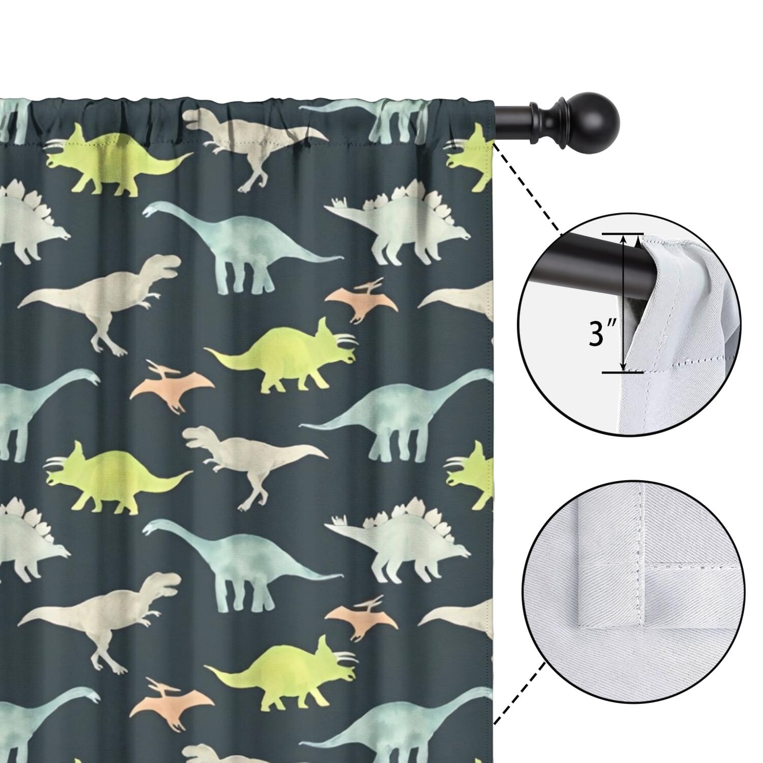 Blackout Kids Curtains,Dark Watercolor Dinosaur Pattern Childrens Insulated Curtains Set Of 2,Bedroom Essentials,Toddler Room Decor 52"x63"