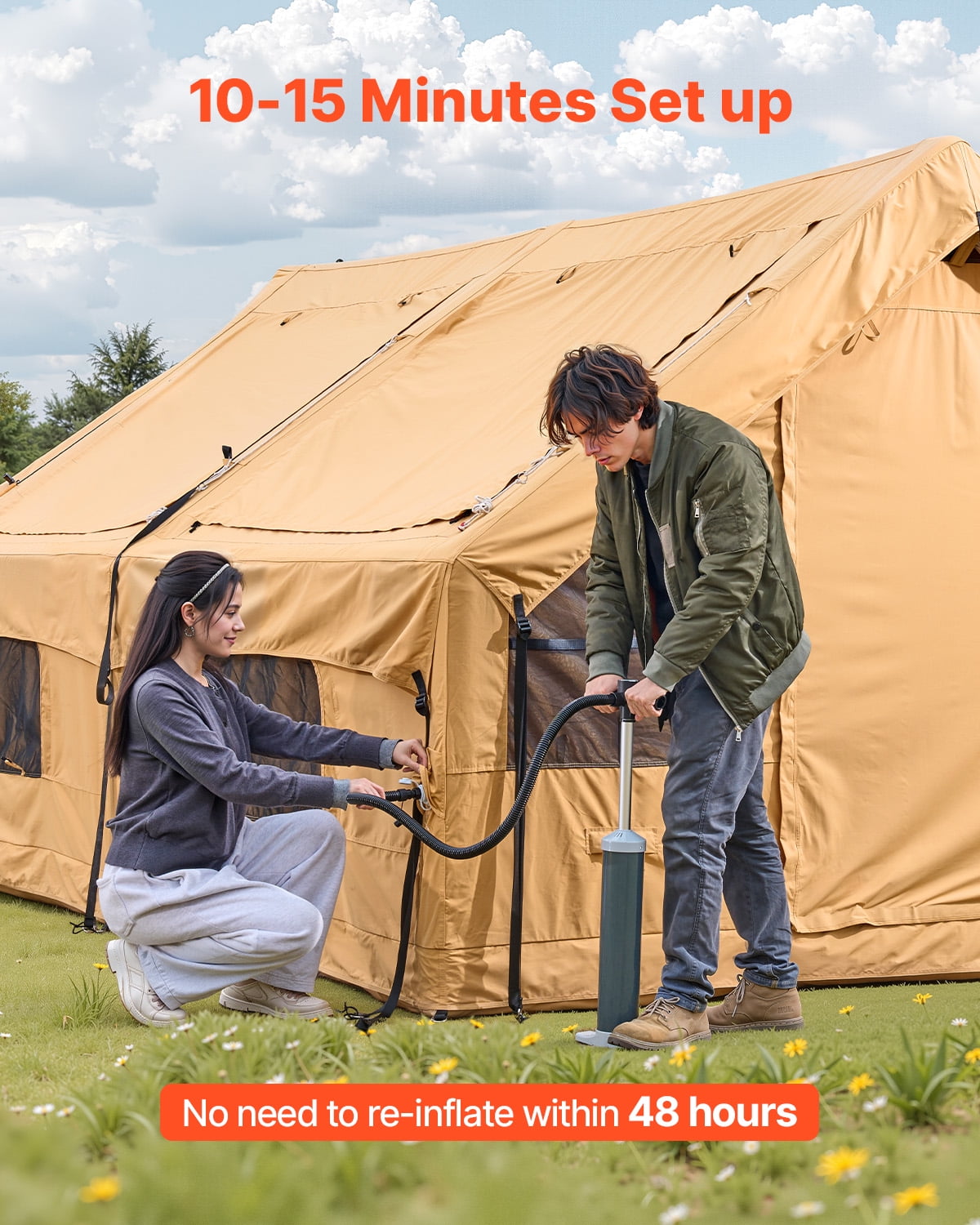 VEVOR Inflatable Tents for Camping, 5-8 Person Easy Setup Blow up Tent with Hand Pump, Luxury Glamping Tent with 2 Skylights, Canopy, Stove Jack 2 Doors & Mesh Windows (Storage Bag Included)