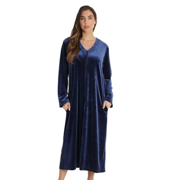 Just Love Stretch Velour Embroidered Zipper Lounger Robe for Women with Pockets (Navy, 2X