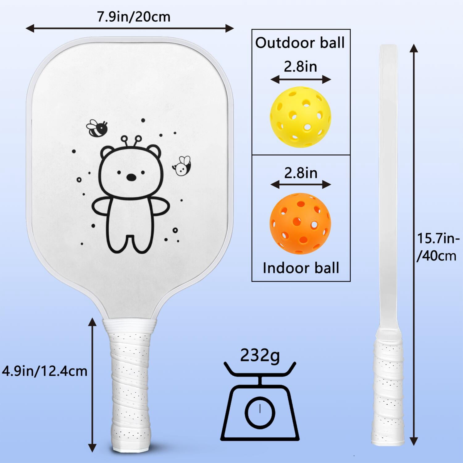 Pickleball Paddles Set Of 1, Fiberglass Surface, Cute Animals & Graffiti Print, 1 Paddle, 2 Balls & Bag